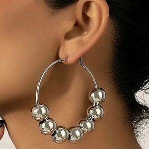 Silver multi ball charms chunky hoops earrings maximalist